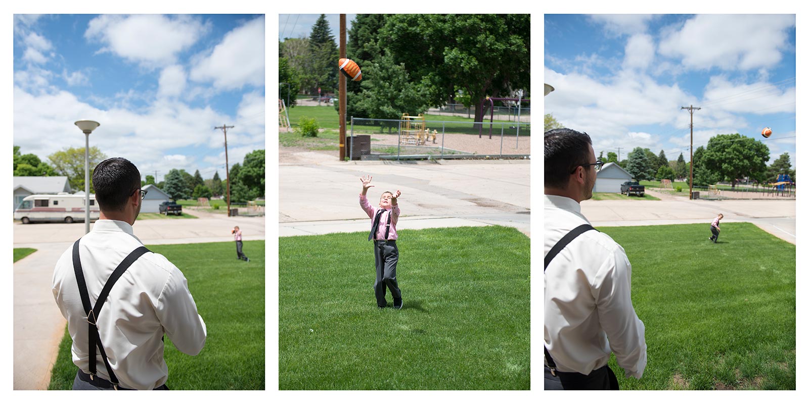 A groomsman playing catch with the ring bearer